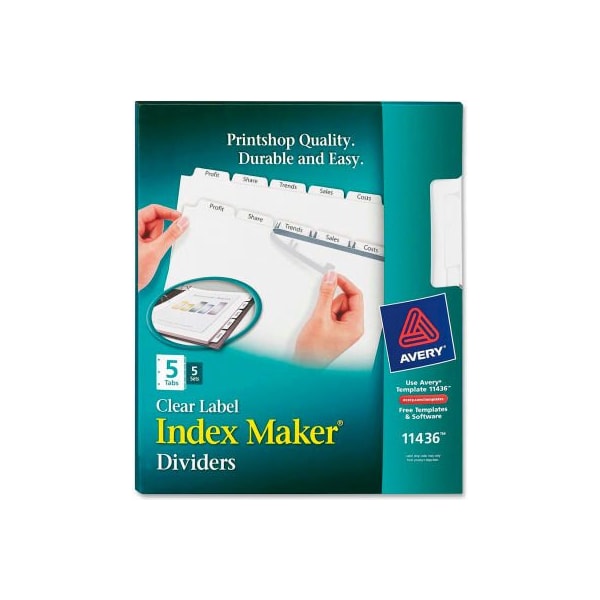 Avery Dennison Avery Index Maker Clear Label Divider, 5 Tabs, 5 Sets, White/White 11436 - main